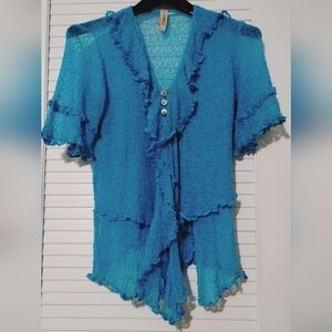 Y2K Serendipity Maui Turquoise Waterfall Ruffle, Button Front Knit Lace Cardigan